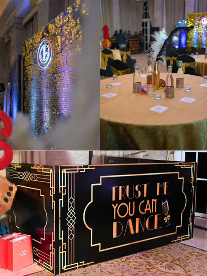 Fun, themed elements like a custom 'Trust Me You Can Dance' bar front and a glittering sequin backdrop for photos added to the interactive and immersive experience of the Gatsby party.