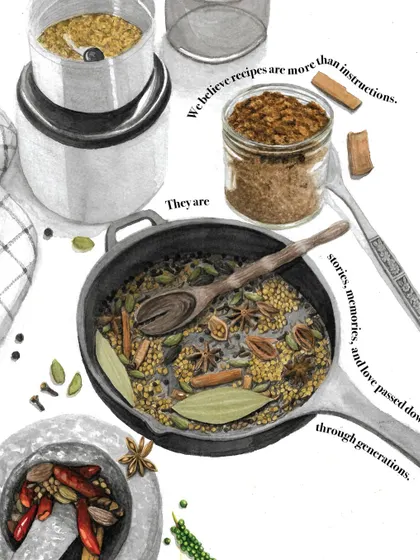 We believe recipes are more than instructions. They are stories, memories, and love passed down through generations. This illustration captures the aromatic spices that form the foundation of our culinary traditions.
