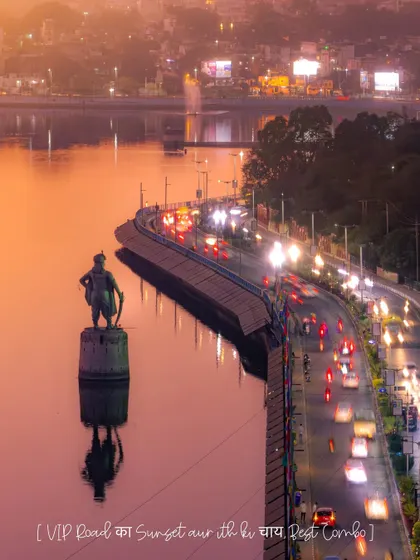 The sunset over VIP Road is a classic Bhopal experience. This long-exposure shot captures the energy of the city at dusk, a beautiful backdrop for an urban-themed photoshoot.