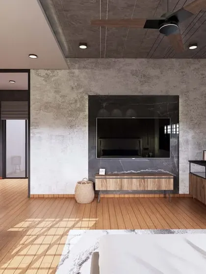 Another view of the bachelor pad concept, highlighting the mix of textures and the creation of a comfortable seating area within the bedroom.