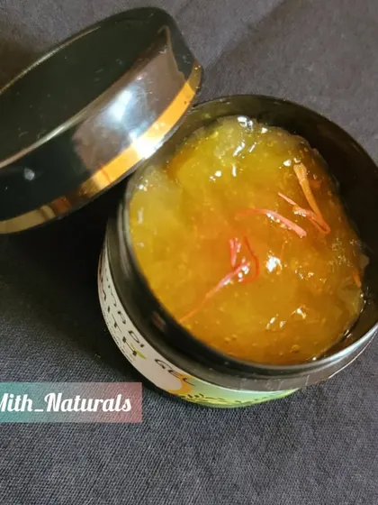 My Kumkumadi Gel, infused with real saffron strands. This gel is a powerhouse of antioxidants that heals the skin, reduces dullness and dryness, and helps lighten pigmentation and dark spots.
