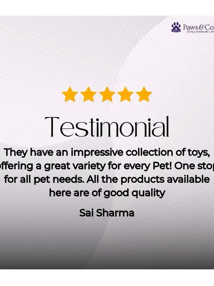 A five-star testimonial from a happy customer, Sai Sharma, praises our impressive and high-quality collection of toys, calling us a one-stop shop for all pet needs.