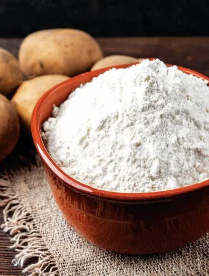 A bowl of my potato powder, made from ground, dehydrated potatoes. It's a wonderful, all-natural additive for soaps and cosmetics, known for its skin-brightening properties.