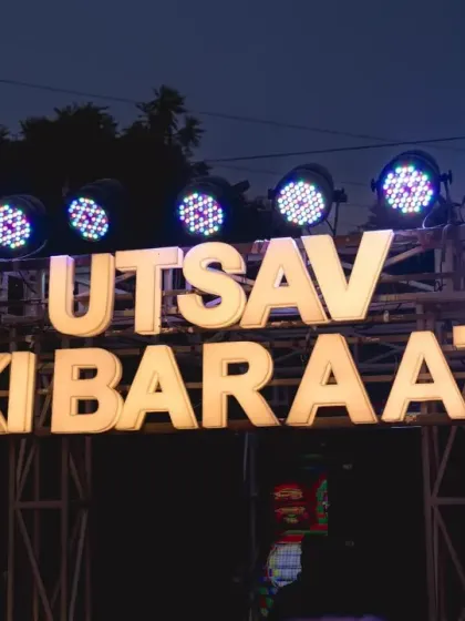 "Utsav Ki Baraat" in bold, lit-up letters announces the groom's procession. We love creating personalized and high-energy elements like this to make the celebration truly unique.