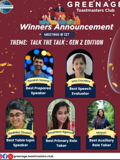 It was great to be recognized as the "Best Table Topic Speaker" as a guest at a Toastmasters meeting. Public speaking is a skill I constantly practice and encourage others to develop.