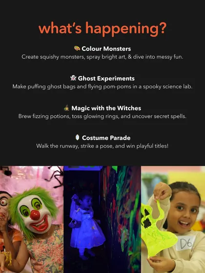 What's happening at our Halloween party? This list details the spooky science lab, magic with witches, and a costume parade, showing the range of imaginative activities we plan for our events.