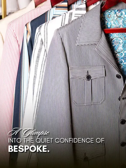 A glimpse into the quiet confidence of bespoke. This image shows a collection of striped jackets, each with a unique lining, showcasing our attention to personalized details.
