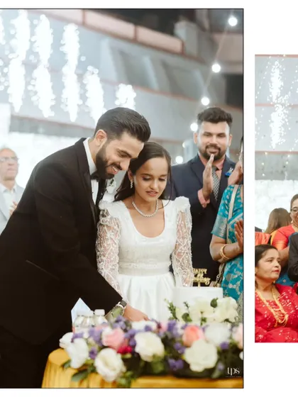A collage capturing the grand moments of Ryan and Ela's reception. The spectacular cold pyro entry and the intimate cake-cutting ceremony were definite highlights of the evening.