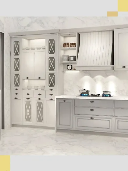 This shot captures the beautiful detail of the tall cabinet unit, which combines open shelving, drawers, and glass-fronted doors for varied storage.
