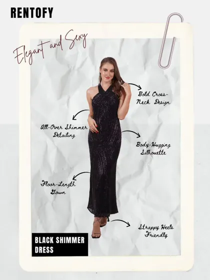 A breakdown of what makes this black shimmer dress so special. The cross-neck design, body-hugging fit, and all-over shimmer create a look that is both elegant and sexy.
