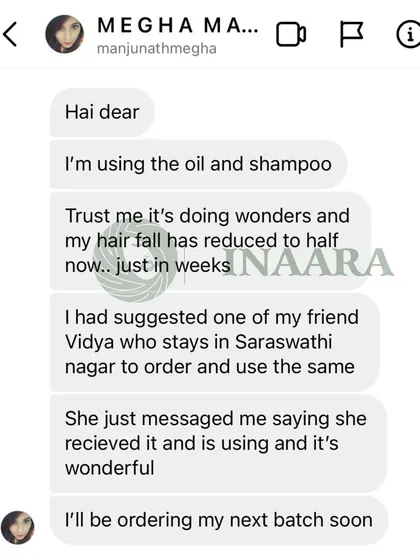 This client's hair fall was reduced to half in just weeks. She was so happy that she immediately recommended my products to her friend.