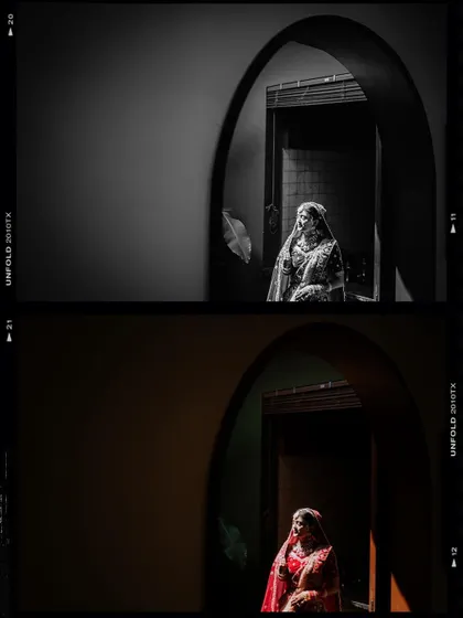 A collage showing the bride in a doorway, in both black and white and color, creating a dramatic effect.