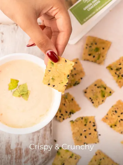 My Green Onion Crackers are crispy and crunchy, perfect for dipping. Made with real herbs, they are a savoury treat you can feel good about.