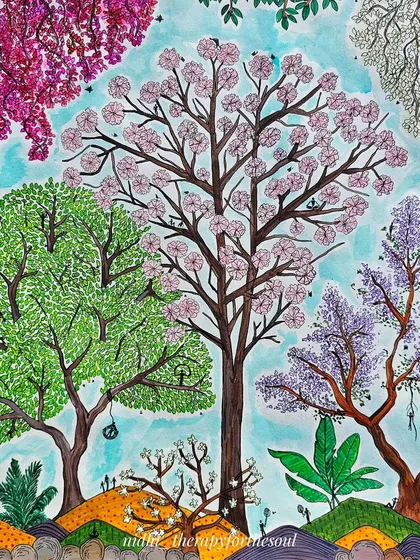 A detail shot of the left side of the spring painting, focusing on the green and pink blossoming trees and the tiny stick figures enjoying the park.