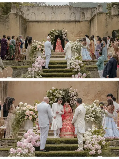 The bride's entrance at this stunning outdoor ceremony in Portugal. A collective gasp went up as Sheline appeared, and her brother walked her down the aisle to her groom, Kingsley.