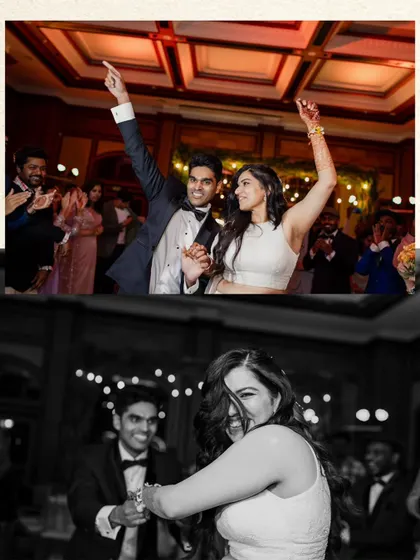 The pure, uninhibited joy of a Sangeet night. This collage captures the couple's energetic dance moves and the bride's infectious laughter, showcasing the fun and candid moments of the party.