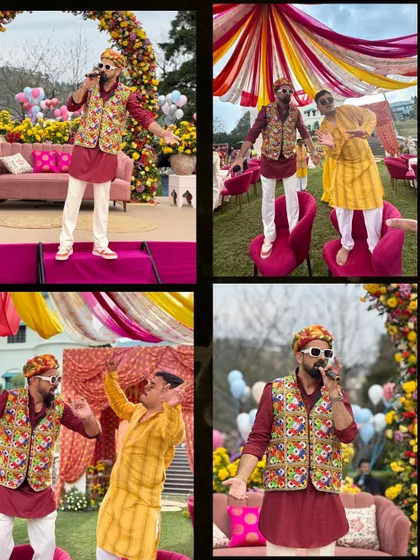 A Rajasthani-themed Haldi Carnival in Mussoorie. Here I am getting the groom's father to jump on a chair and dance. No one is safe from the fun!