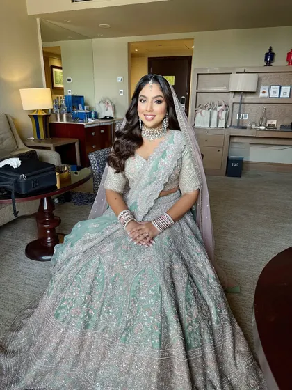 For this phera look, we chose a soft glam style to complement the mint green lehenga. I teach how to balance pastel outfits with makeup that is fresh and radiant.