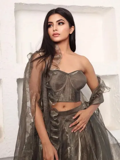 A model in a metallic grey-brown organza lehenga with a modern corset-style blouse.