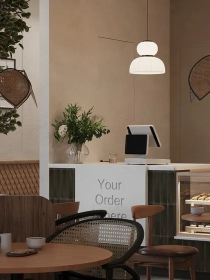 A view of the point-of-sale and pastry display case. We ensure that even the most functional elements are seamlessly integrated into the overall design, using consistent materials and lighting to create a polished look.