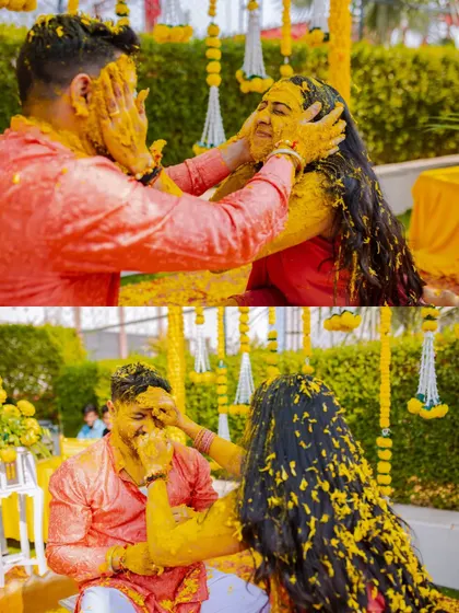 The playful side of the Haldi ceremony. This collage shows Garv and Sonali lovingly smearing turmeric on each other, a classic moment of fun and tradition.