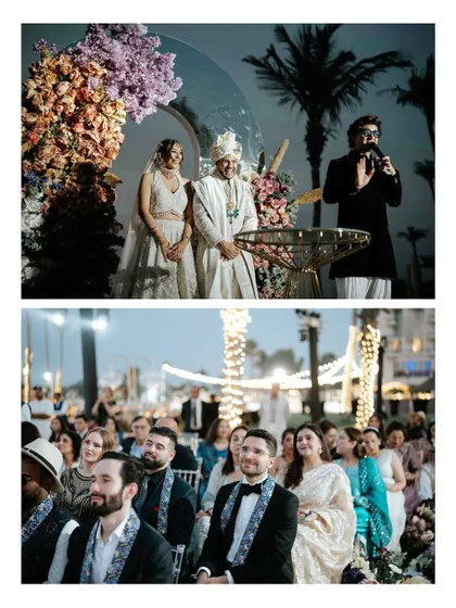 A diptych showing the wedding ceremony from two perspectives: the couple on stage and the emotional faces of their guests. We capture the entire story, not just the main event.