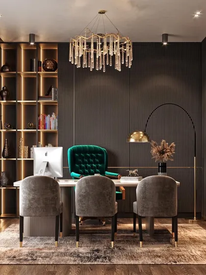 A 3D visualization of a private office with a dark, moody aesthetic. The render focuses on the interplay of textures, from the fluted wall panels and rich wood to the plush velvet chair, all under dramatic lighting.