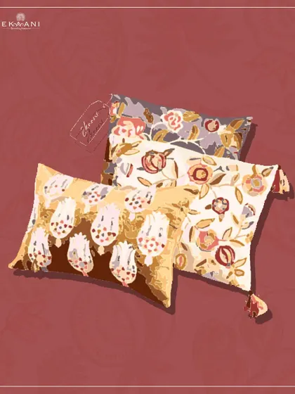 An illustration of cushions from my Anardana collection. The designs, featuring pomegranate and floral motifs, are a perfect blend of art and opulence, ready to add grandeur to your living space.
