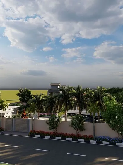 An aerial view from the 3D design of the Noida farmhouse. This perspective shows the scale of the property and how the landscaping integrates with the surrounding environment.