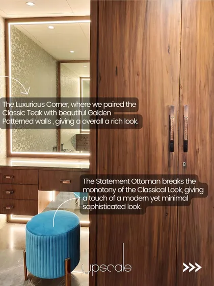 This annotated image breaks down a luxurious dressing corner. We paired classic teak wood with golden patterned walls for a rich look, and added a modern statement ottoman in blue to break the monotony.