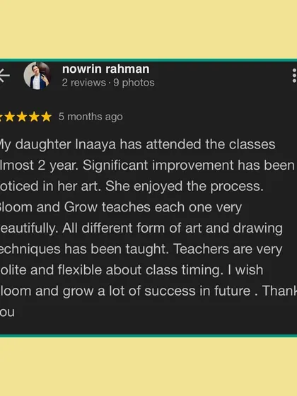 This parent notes the significant improvement in their daughter's art over two years, highlighting the beautiful teaching of different art forms and our flexible timings.