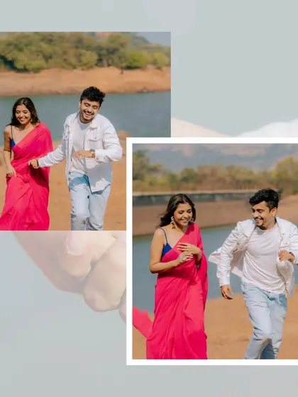 A candid collage of the couple running and laughing by the lake. These are the unposed, joyful moments that make your pre-wedding album truly special and personal.