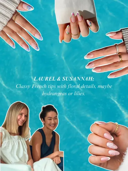 A classy and polished look inspired by Laurel and Susannah. This set features elegant French tips with subtle floral details, perfect for a timeless and sophisticated style.