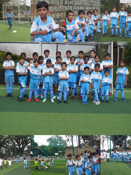 A collage of our young players in various moments: posing as a team, in action on the field, and celebrating together.