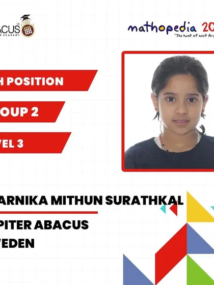 Celebrating Svarnika Mithun Surathkal from Sweden for her 5th position achievement in Mathopedia 2024.