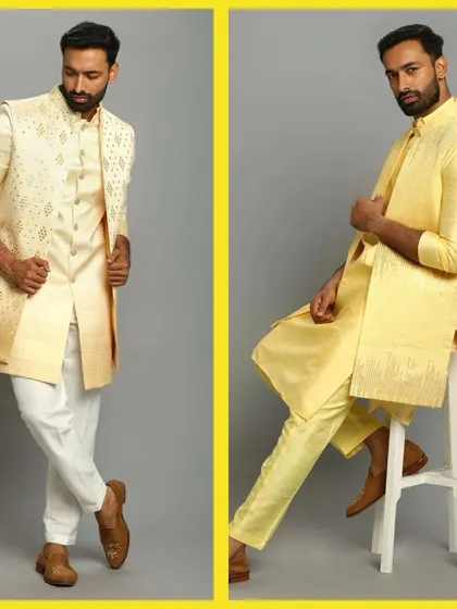 A cream longline bandi with a kurta and a yellow silk kurta. These pre-loved pieces offer a sophisticated and elegant look for any traditional function.