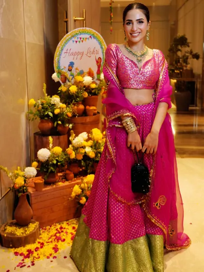 A beautiful pink lehenga I designed for a Lohri celebration. The color is bright and joyful, perfect for the occasion.