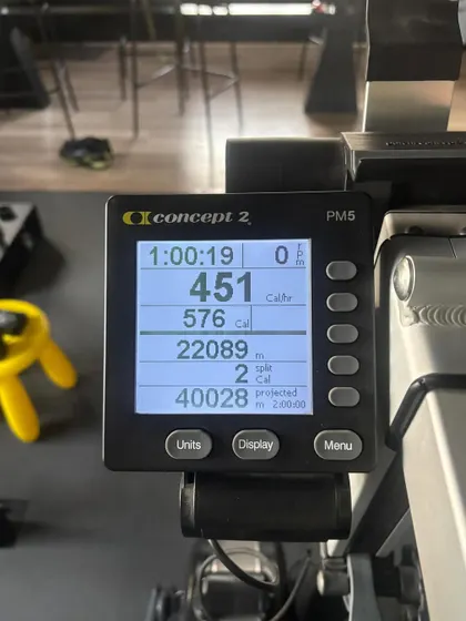 The stats from a long session on the bike erg. Over 40km in just over an hour.