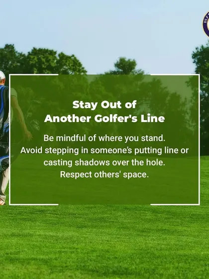 An Image of a Golfer Walking on the Course with an Etiquette Tip: Be mindful of where you stand on the green. Avoid stepping in someone's putting line or casting shadows over the hole to show respect for their space.