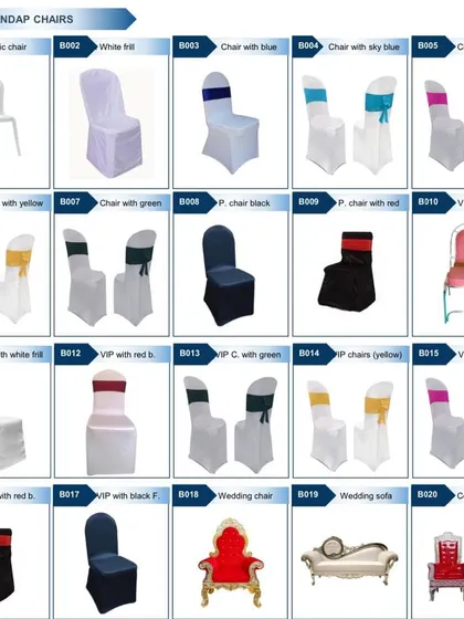 A look at our chair and sofa options. We provide everything from simple plastic chairs to elegant VIP chairs with covers and sashes, as well as decorative couple sofas for the stage.