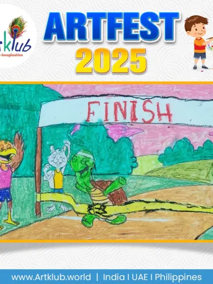 A junior artist's creative retelling of the classic "The Tortoise and the Hare" fable, showing the tortoise crossing the finish line first.