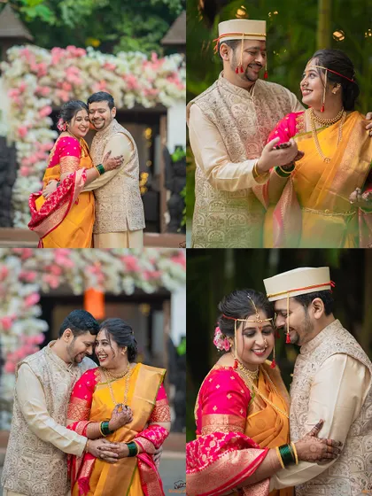 A collage of romantic portraits of a couple in their traditional yellow and pink Maharashtrian wedding attire.