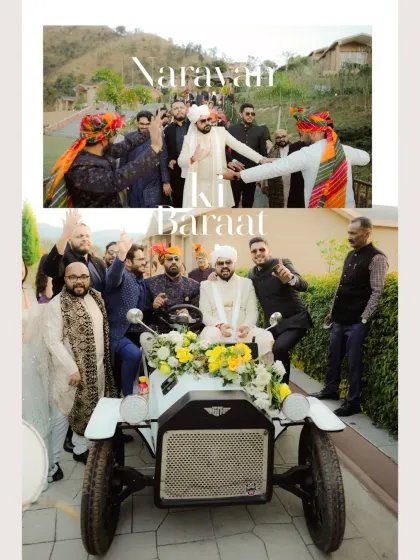 A stylish collage titled "Narayan Ki Baraat," showing the groom's arrival in a vintage car with his energetic friends.