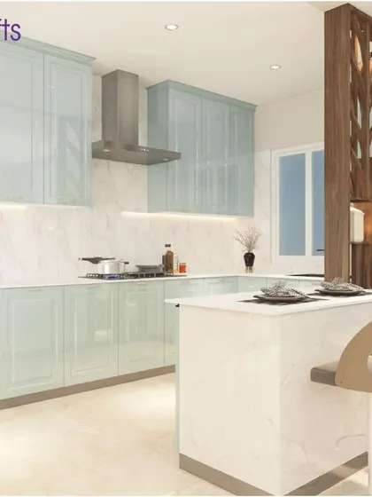 Another view of the 'Heritage County' kitchen, showing the island that doubles as a breakfast counter. The design is bright, airy, and incredibly stylish.
