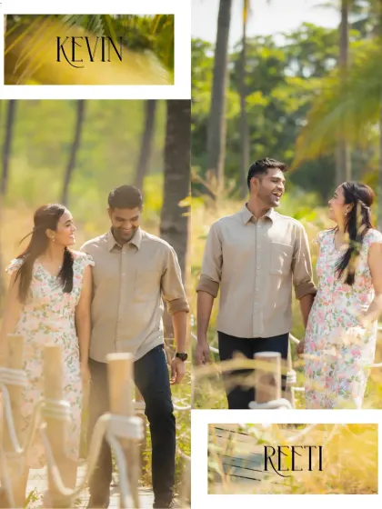A stylish collage introducing Kevin and Reeti. The images of them walking hand-in-hand through a path lined with palm trees have a bright, airy, and joyful feel.