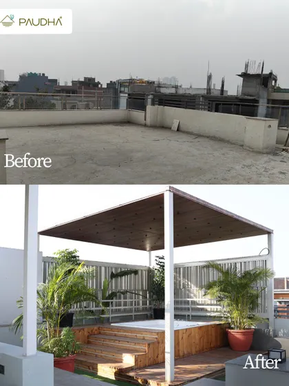 A rooftop jacuzzi dream. This before-and-after shows how we transformed a bare terrace into a private resort-style space, featuring a jacuzzi tub set in a custom wooden deck with a pergola.