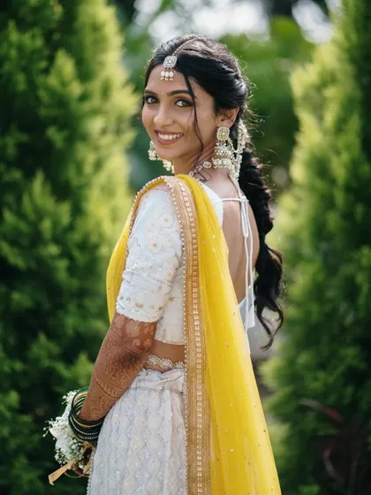 A radiant bride on her Haldi day. Her bright smile as she looks back over her shoulder is infectious, capturing the joyful spirit of the pre-wedding celebrations.