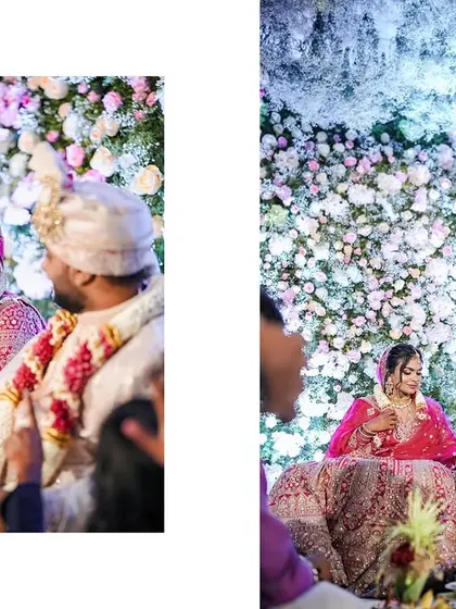 More shots from the same fairytale jaimala, capturing the couple's expressions against the backdrop of a thousand flowers.