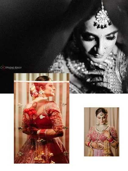 An artistic collage of the bride's portraits, mixing black-and-white with color for a timeless effect.