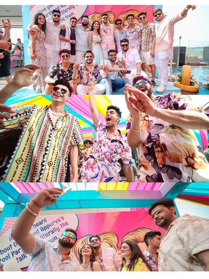 The groom's crew having the time of their lives at the pool party. These are the moments of friendship and celebration that make a wedding unforgettable.